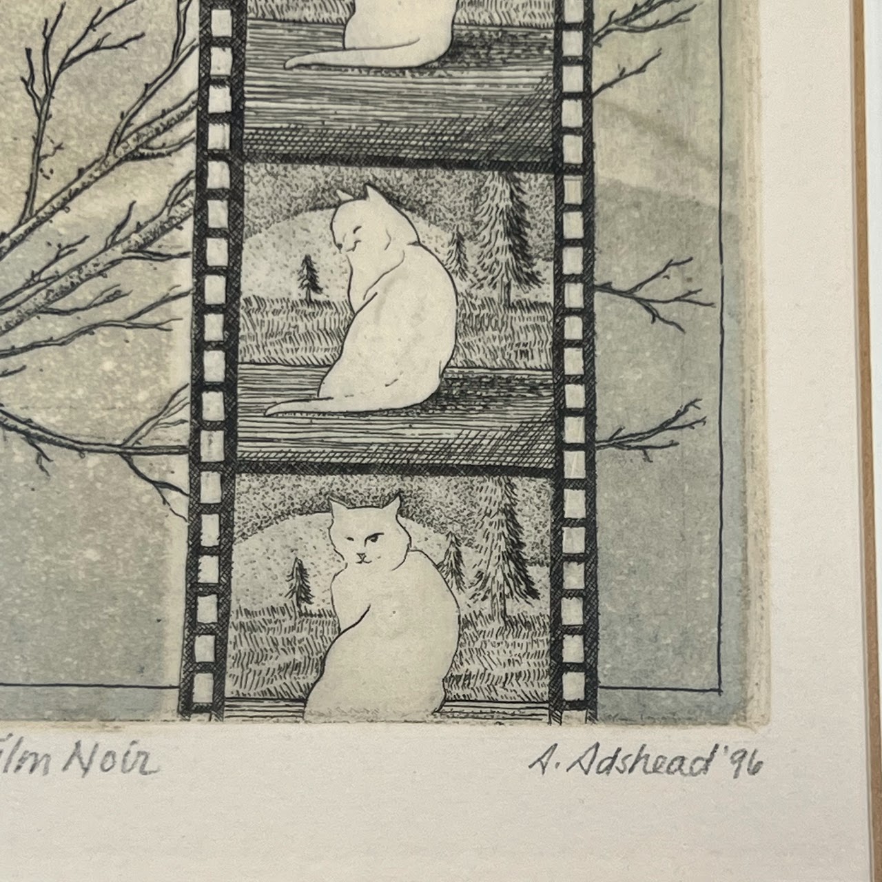 Amy Adshead 'White Cat, Film Noir' Signed Etching, 1996