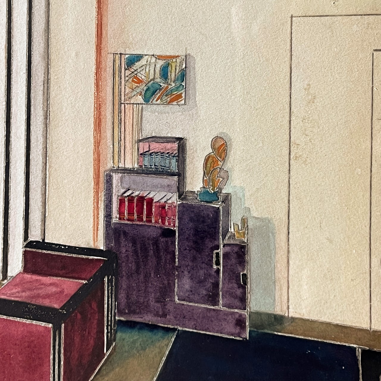 Mid-Century Modernist Interior Scene Watercolor Painting