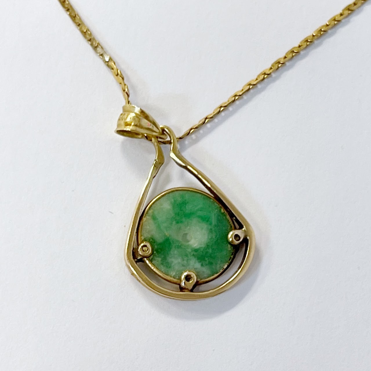 14K Flat Link Necklace with Jade Bi Disc Pendant