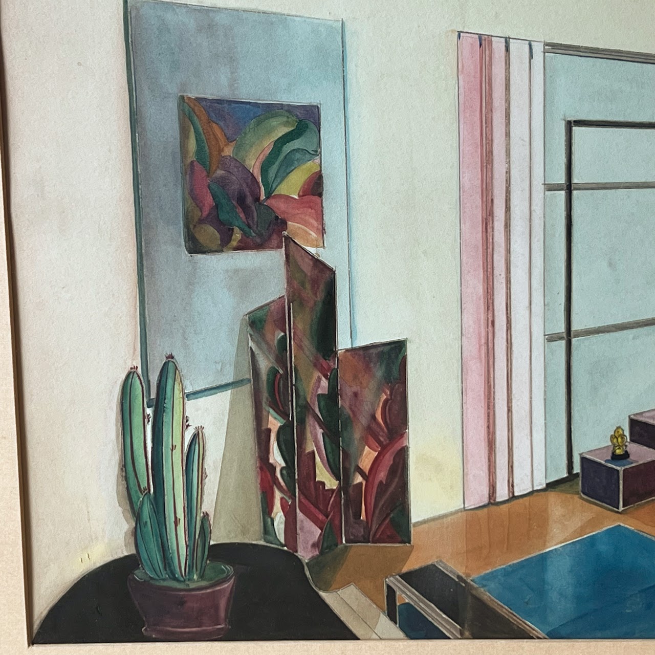 Mid-Century Modernist Interior Scene Watercolor Painting