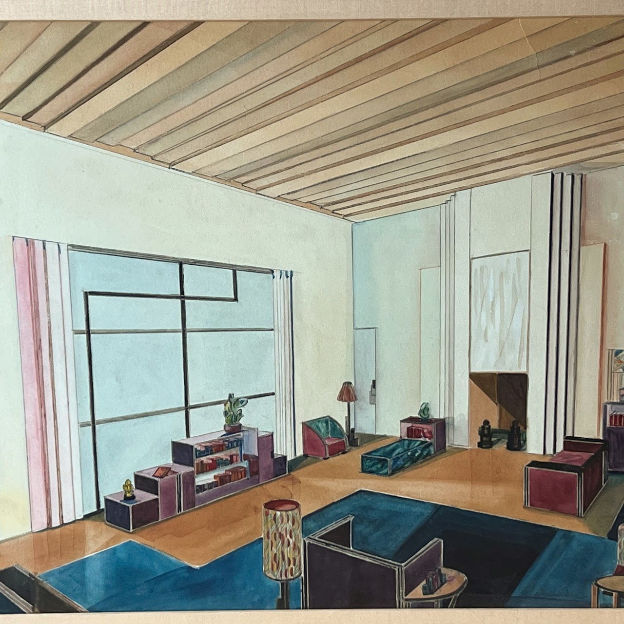 Mid-Century Modernist Interior Scene Watercolor Painting