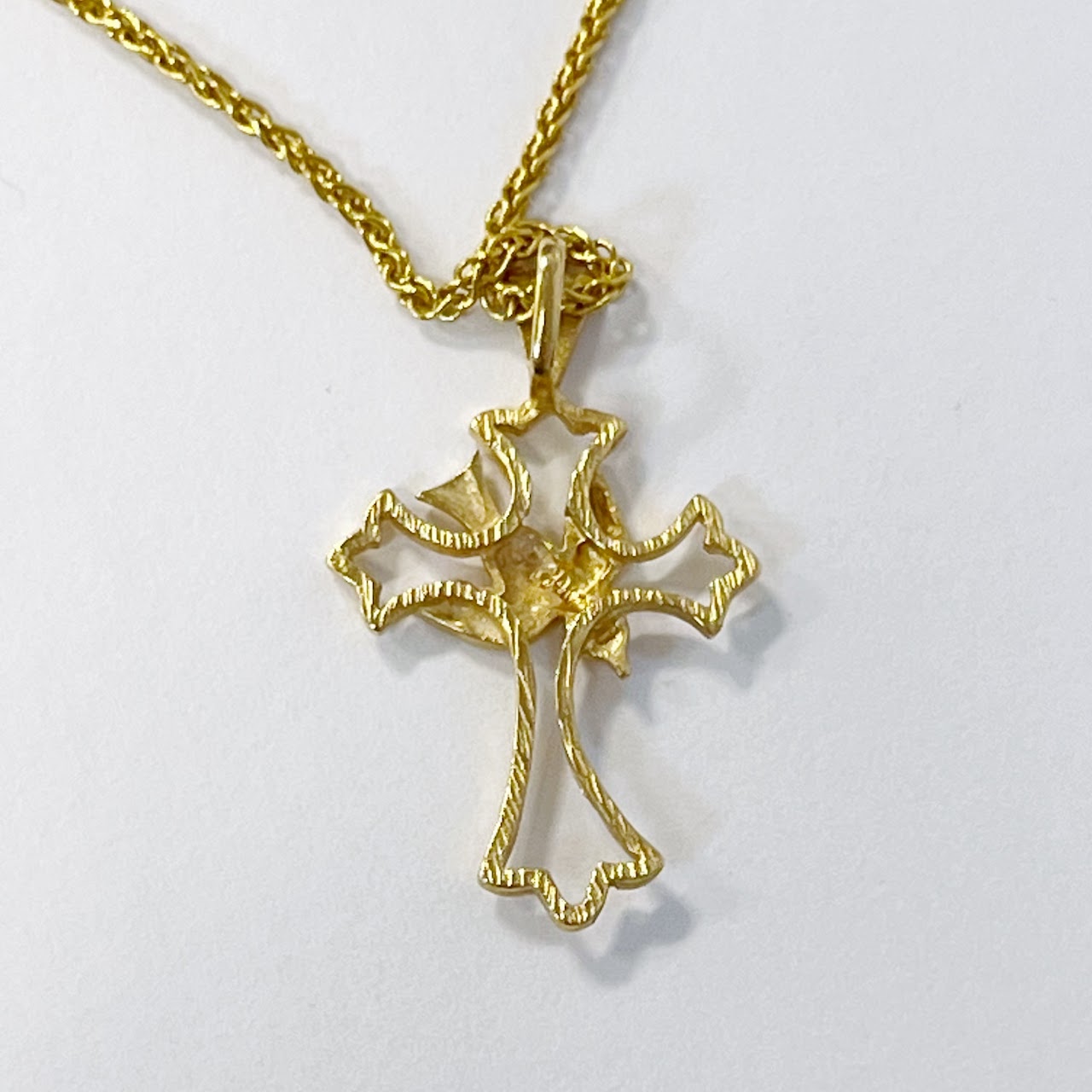 14K Gold Rope Chain Necklace with Dove and Cross Pendant