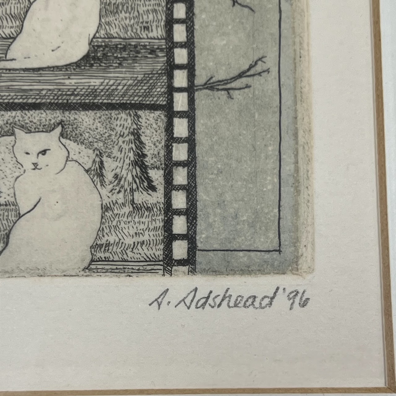 Amy Adshead 'White Cat, Film Noir' Signed Etching, 1996