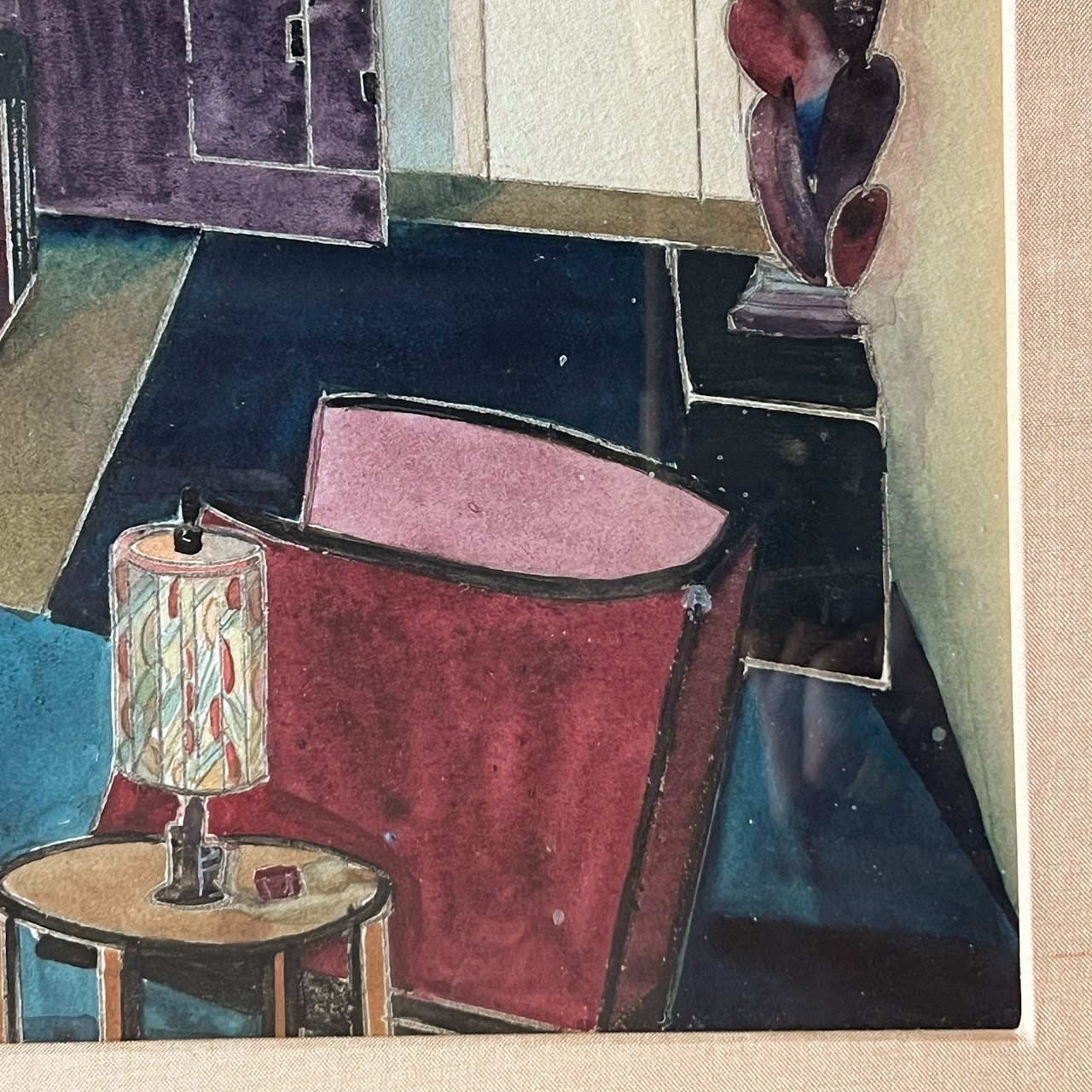 Mid-Century Modernist Interior Scene Watercolor Painting