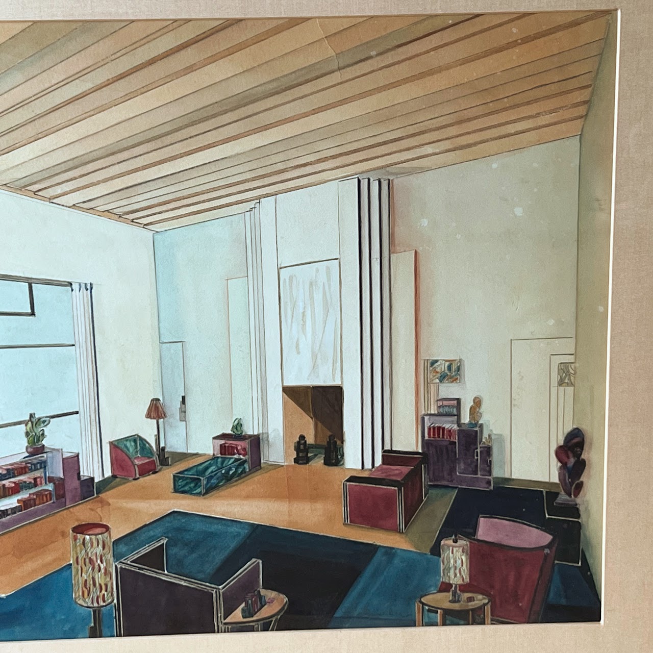 Mid-Century Modernist Interior Scene Watercolor Painting