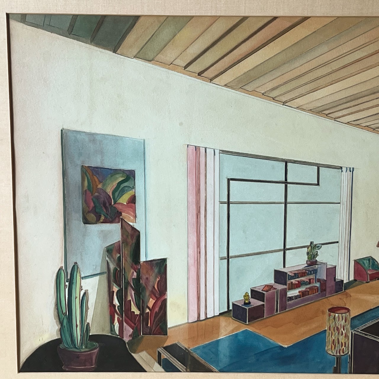 Mid-Century Modernist Interior Scene Watercolor Painting