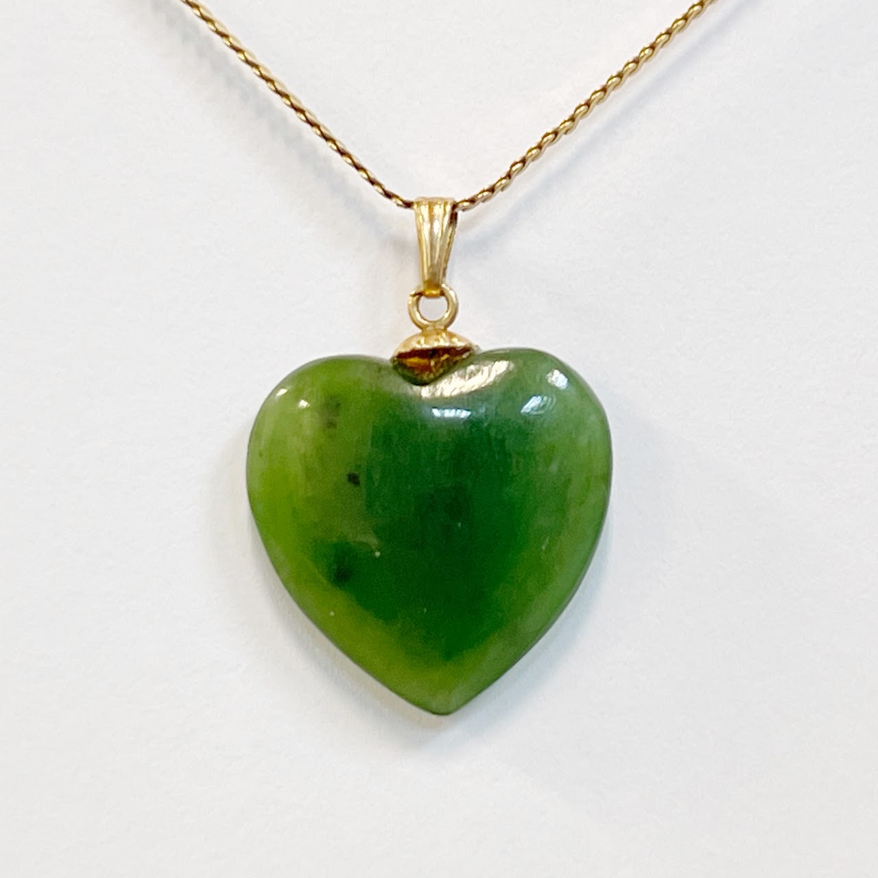 14K Flat Link Necklace with Jade Heart Pendant