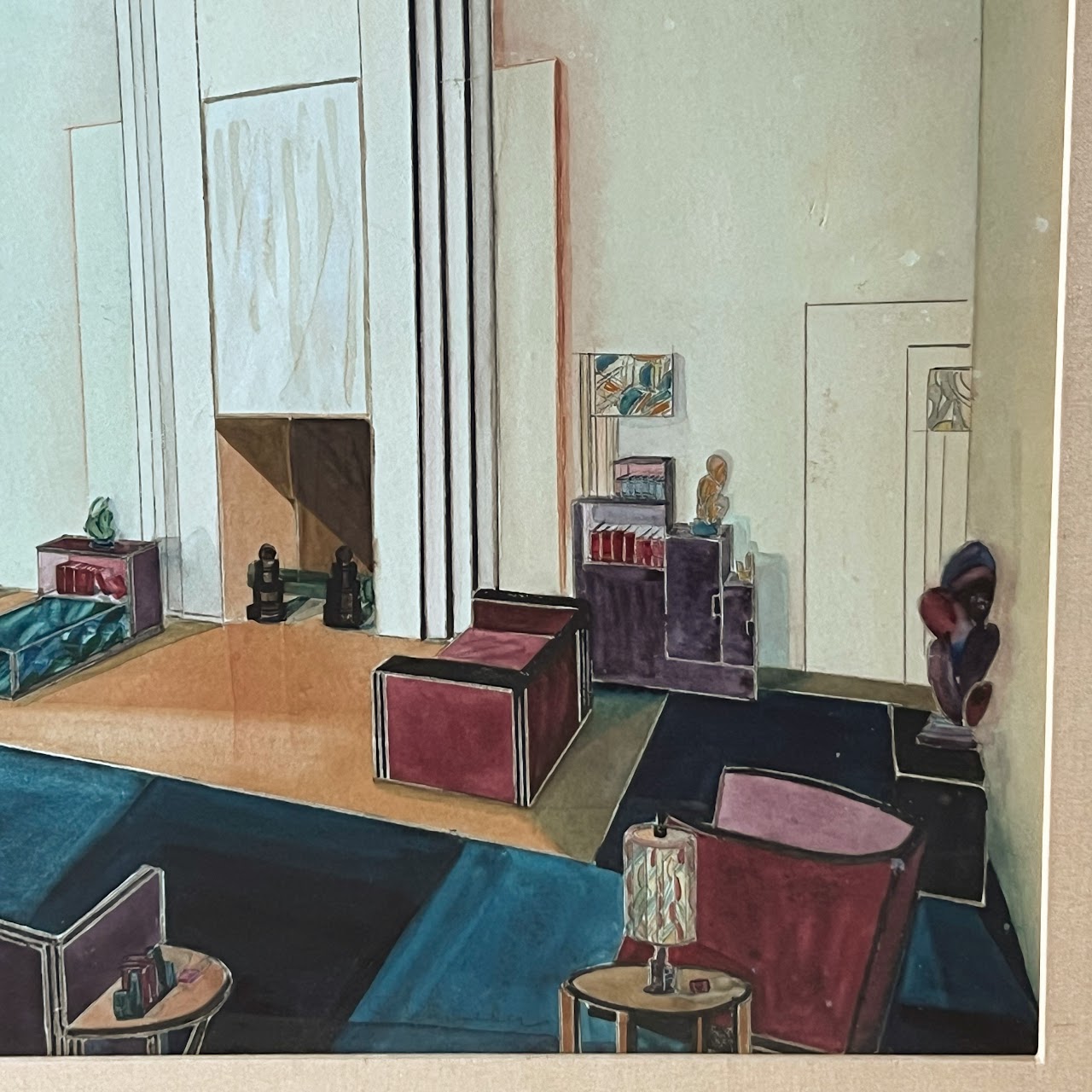 Mid-Century Modernist Interior Scene Watercolor Painting