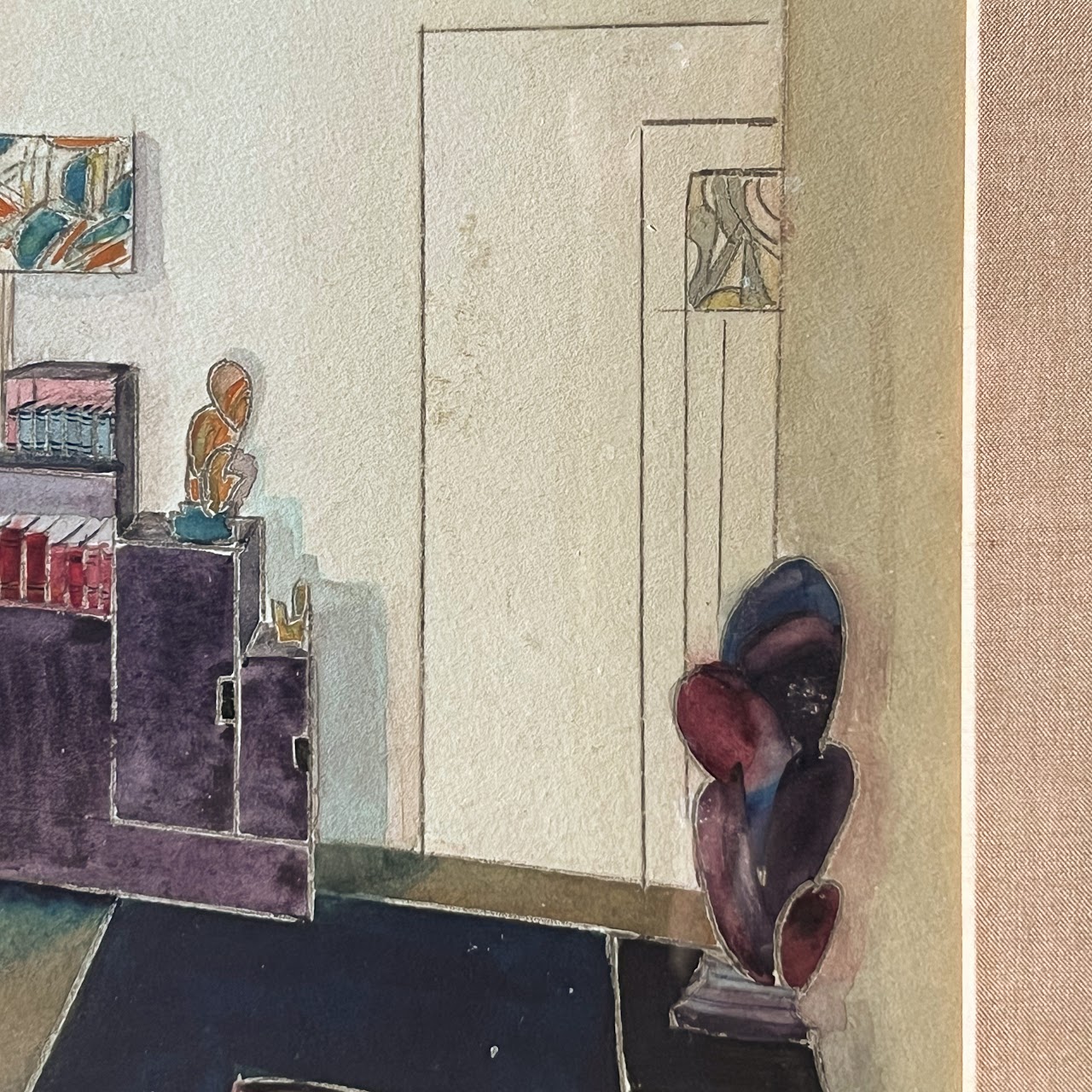 Mid-Century Modernist Interior Scene Watercolor Painting