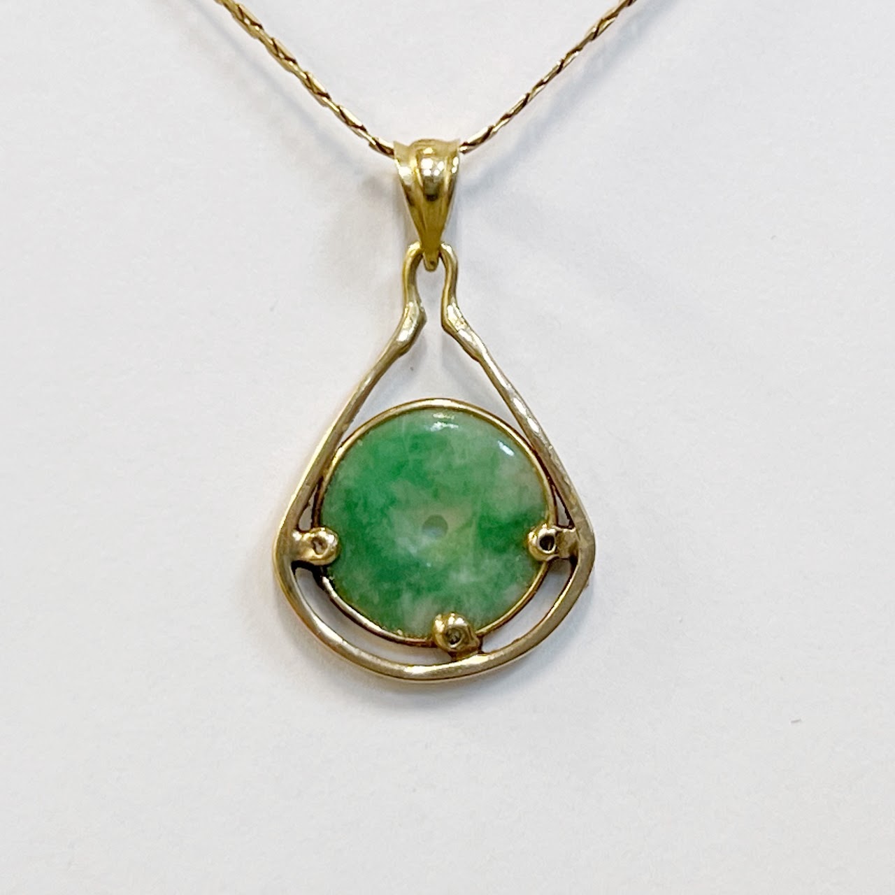 14K Flat Link Necklace with Jade Bi Disc Pendant