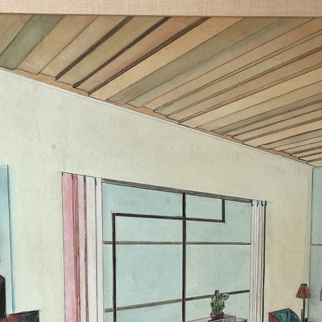 Mid-Century Modernist Interior Scene Watercolor Painting