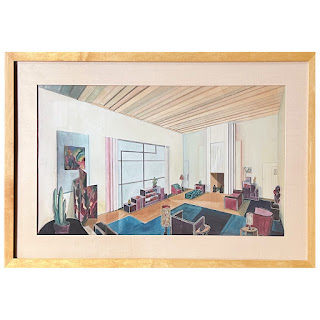 Mid-Century Modernist Interior Scene Watercolor Painting