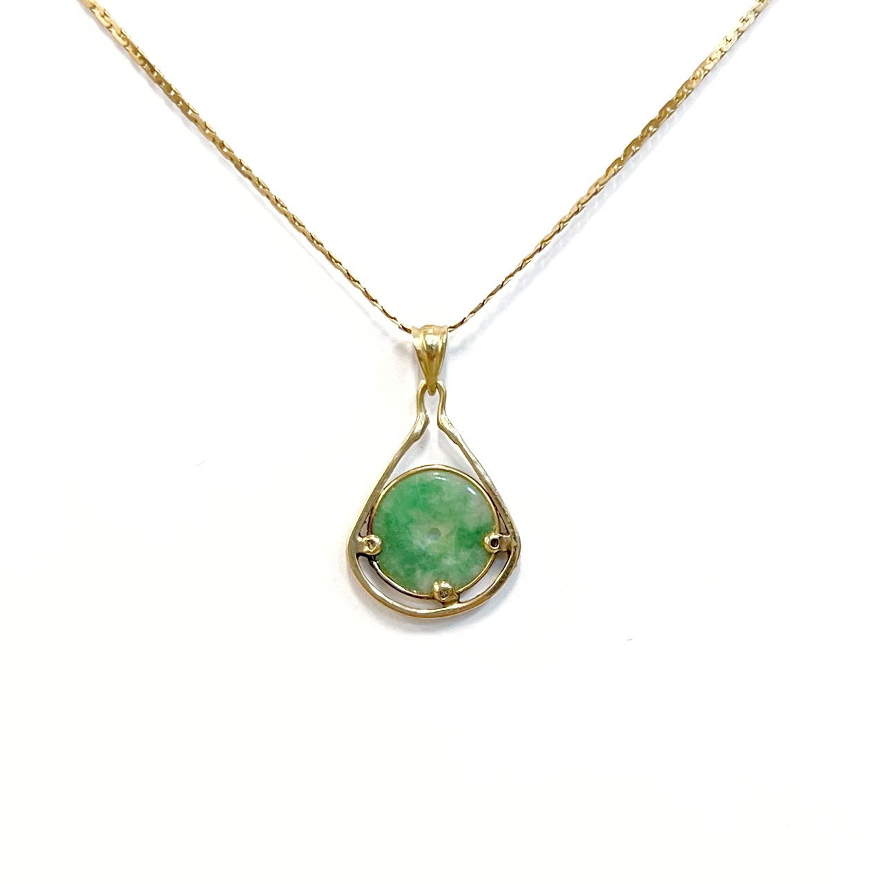 14K Flat Link Necklace with Jade Bi Disc Pendant