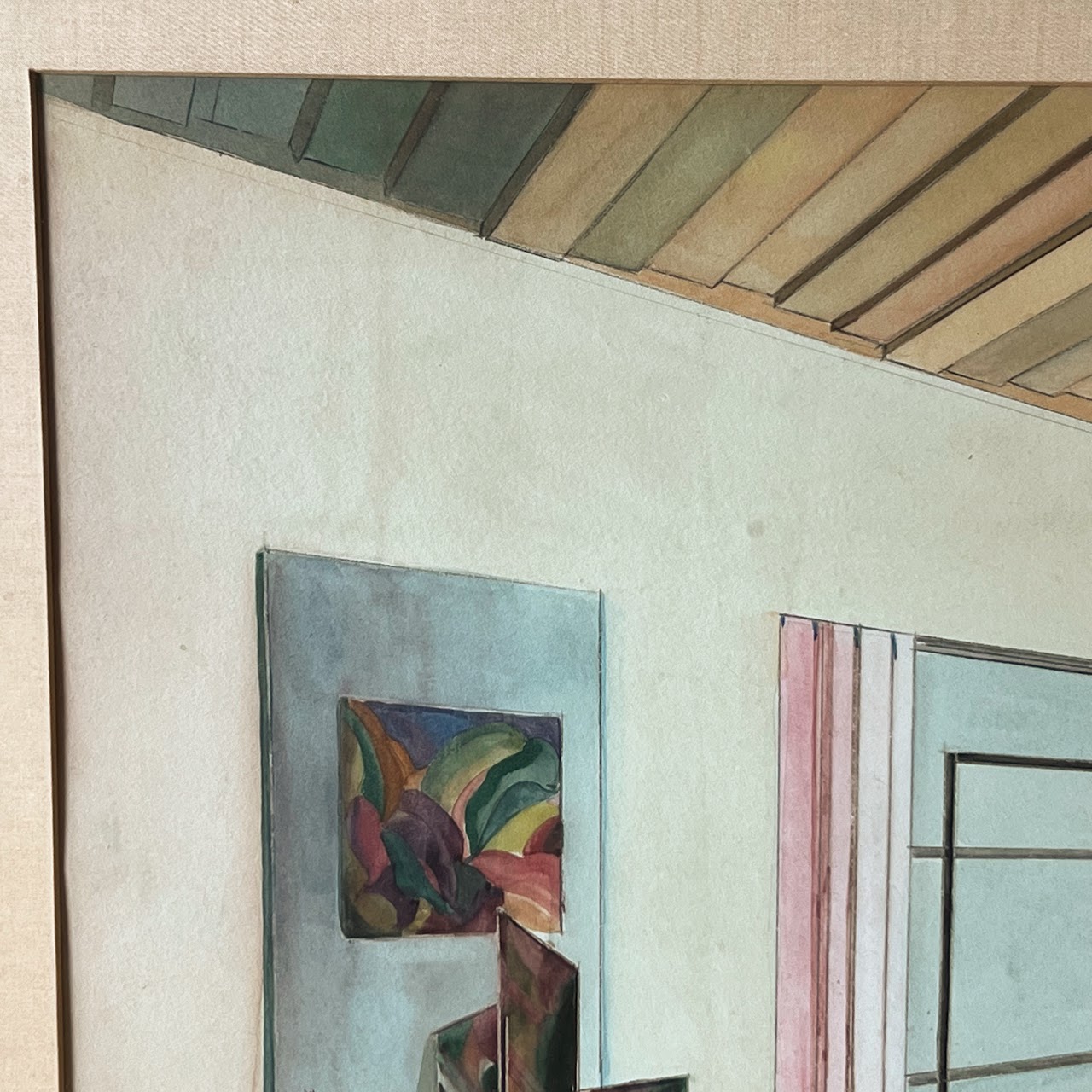 Mid-Century Modernist Interior Scene Watercolor Painting