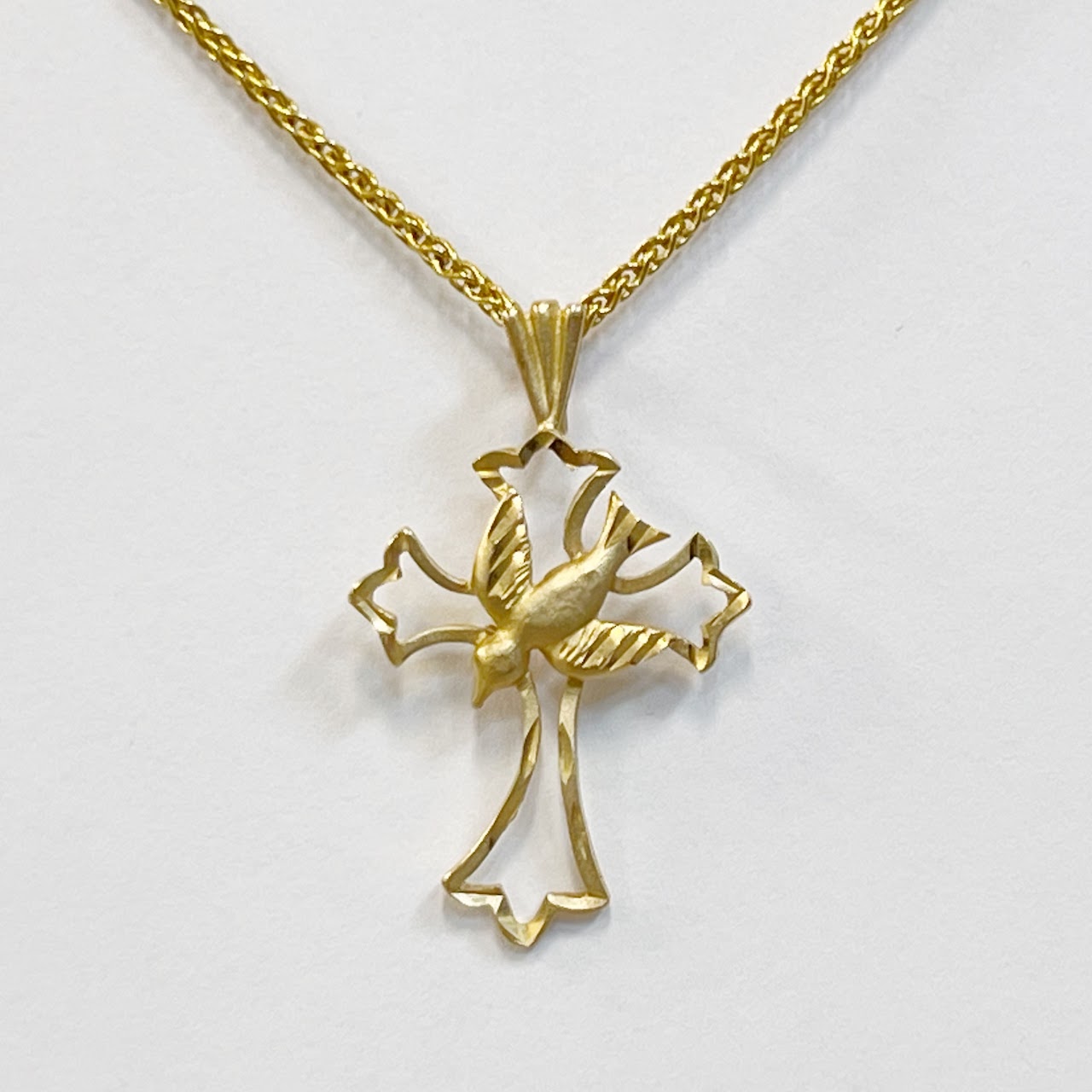 14K Gold Rope Chain Necklace with Dove and Cross Pendant