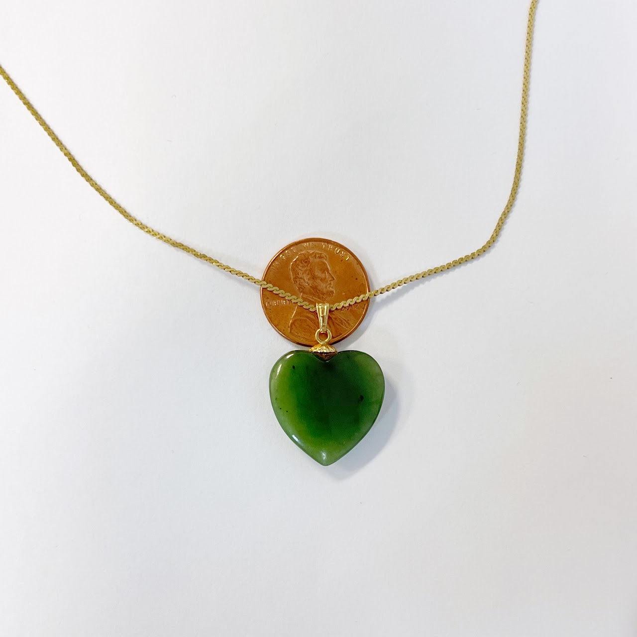 14K Flat Link Necklace with Jade Heart Pendant