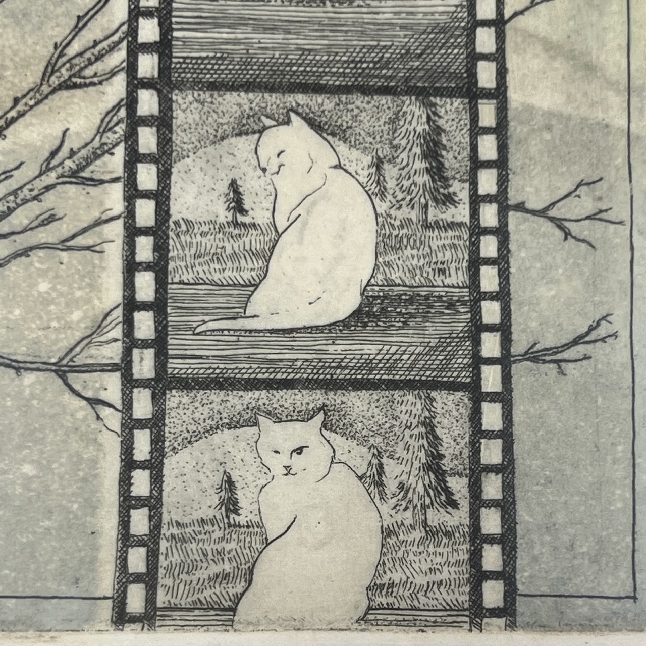 Amy Adshead 'White Cat, Film Noir' Signed Etching, 1996