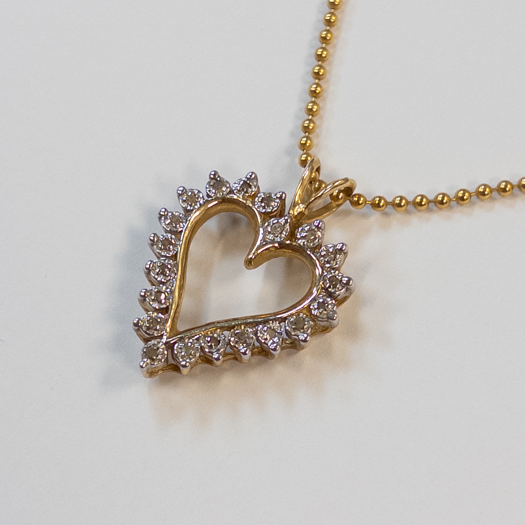 14K Gold Bead Chain Necklace with Diamond Heart Pendant