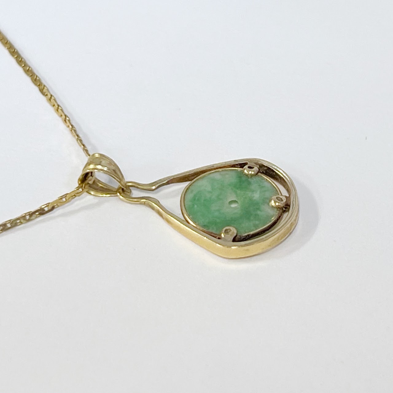 14K Flat Link Necklace with Jade Bi Disc Pendant