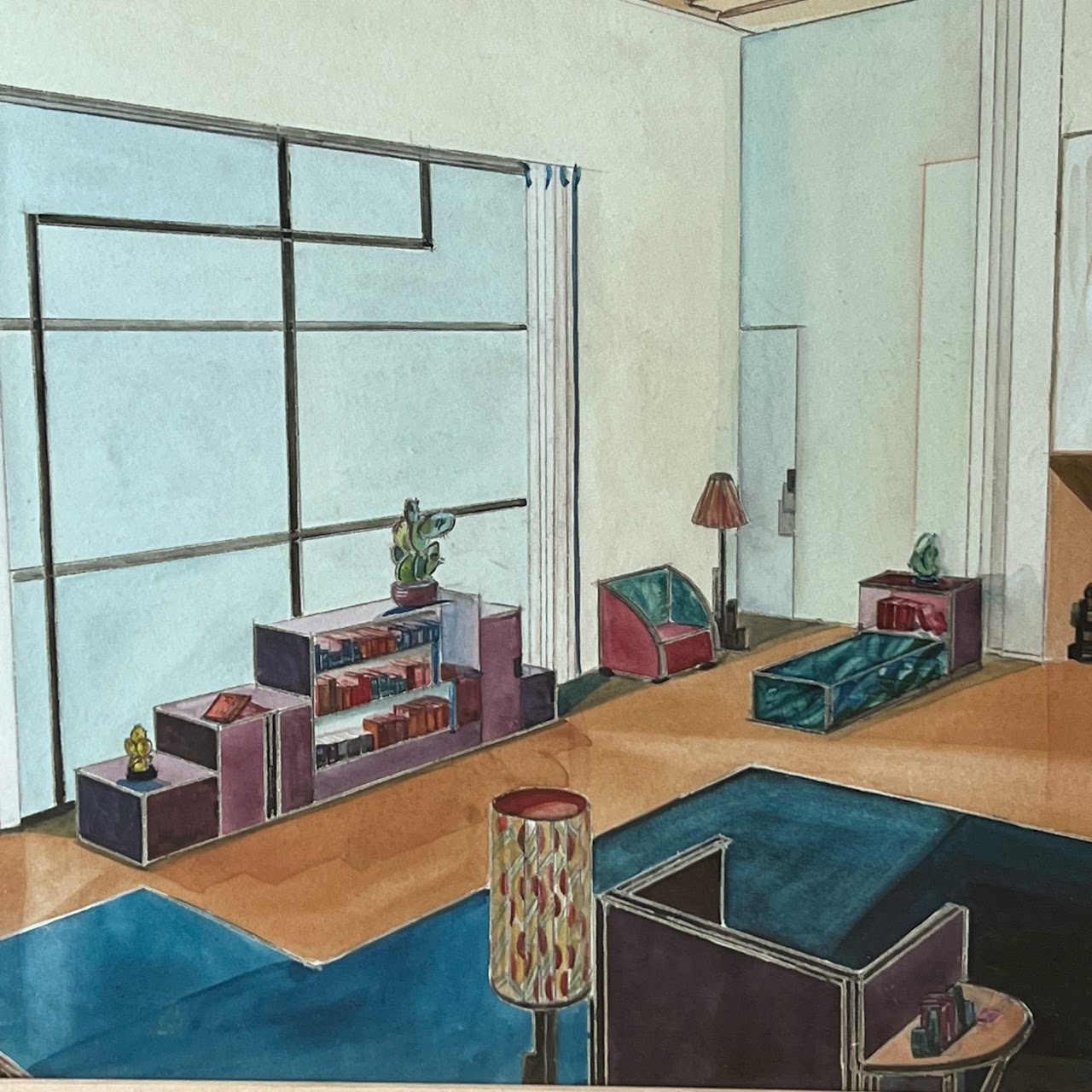 Mid-Century Modernist Interior Scene Watercolor Painting