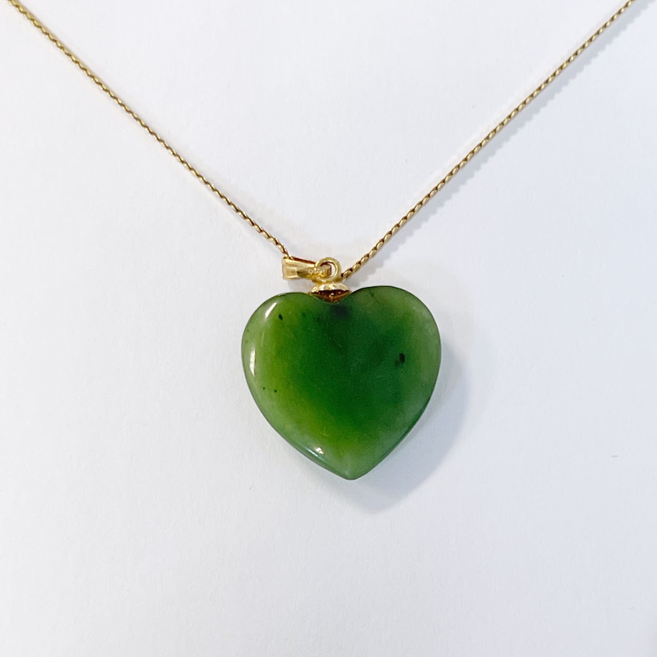 14K Flat Link Necklace with Jade Heart Pendant