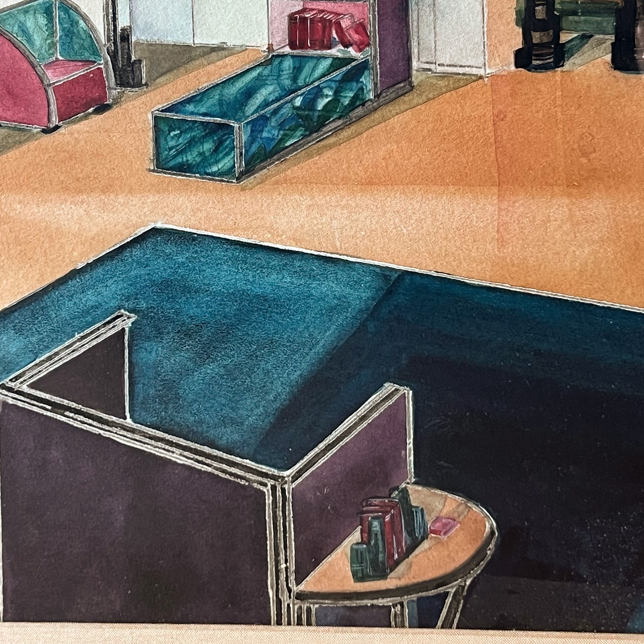 Mid-Century Modernist Interior Scene Watercolor Painting