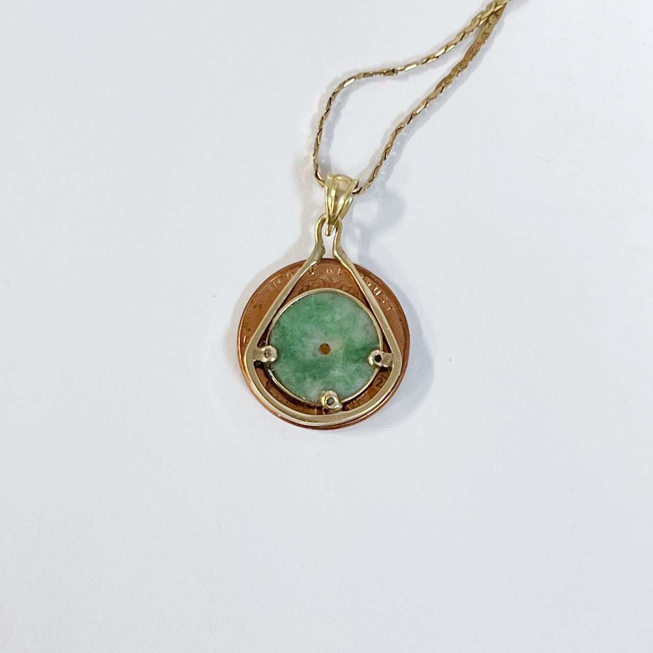 14K Flat Link Necklace with Jade Bi Disc Pendant