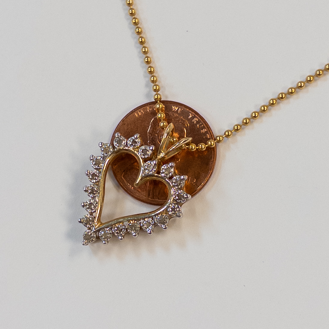 14K Gold Bead Chain Necklace with Diamond Heart Pendant