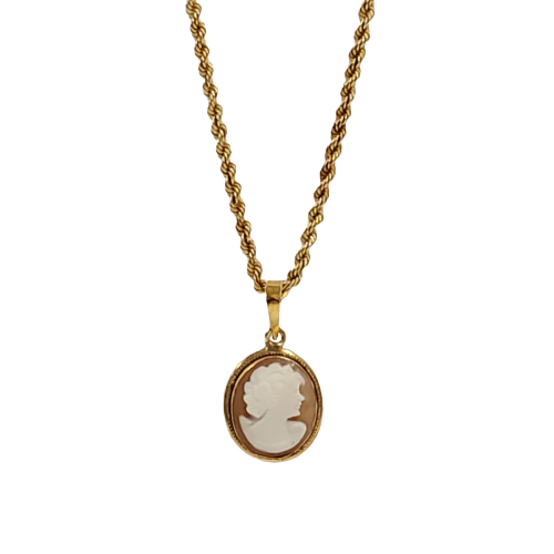 18K Gold Mini Cameo Pendant on 14K Gold Chain