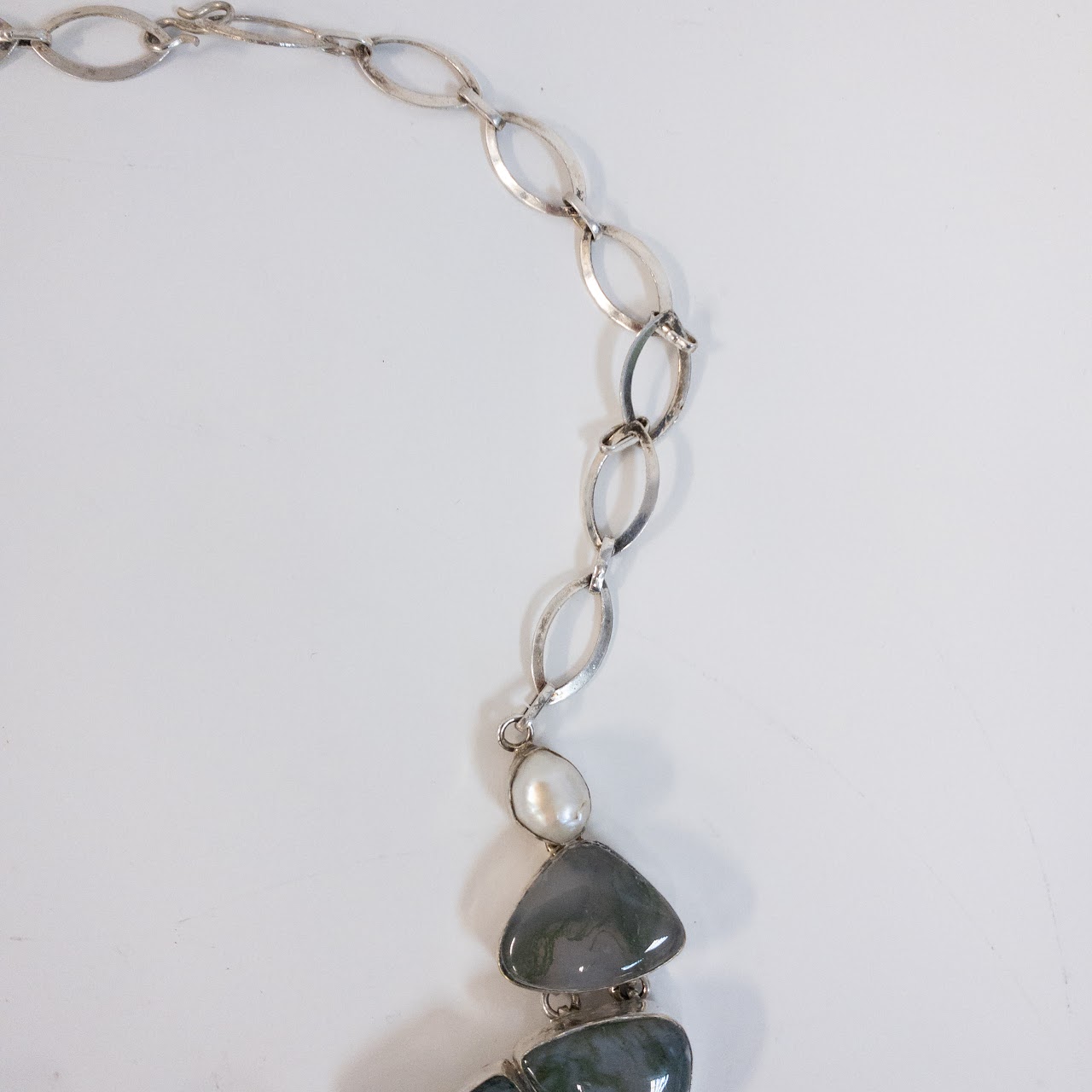 Sterling Silver Moss Agate and Pearl Collar Necklace