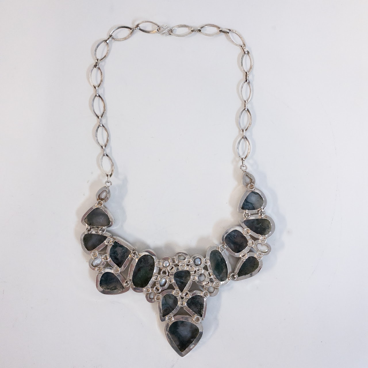 Sterling Silver Moss Agate and Pearl Collar Necklace