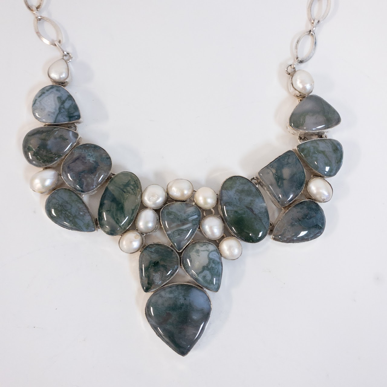 Sterling Silver Moss Agate and Pearl Collar Necklace