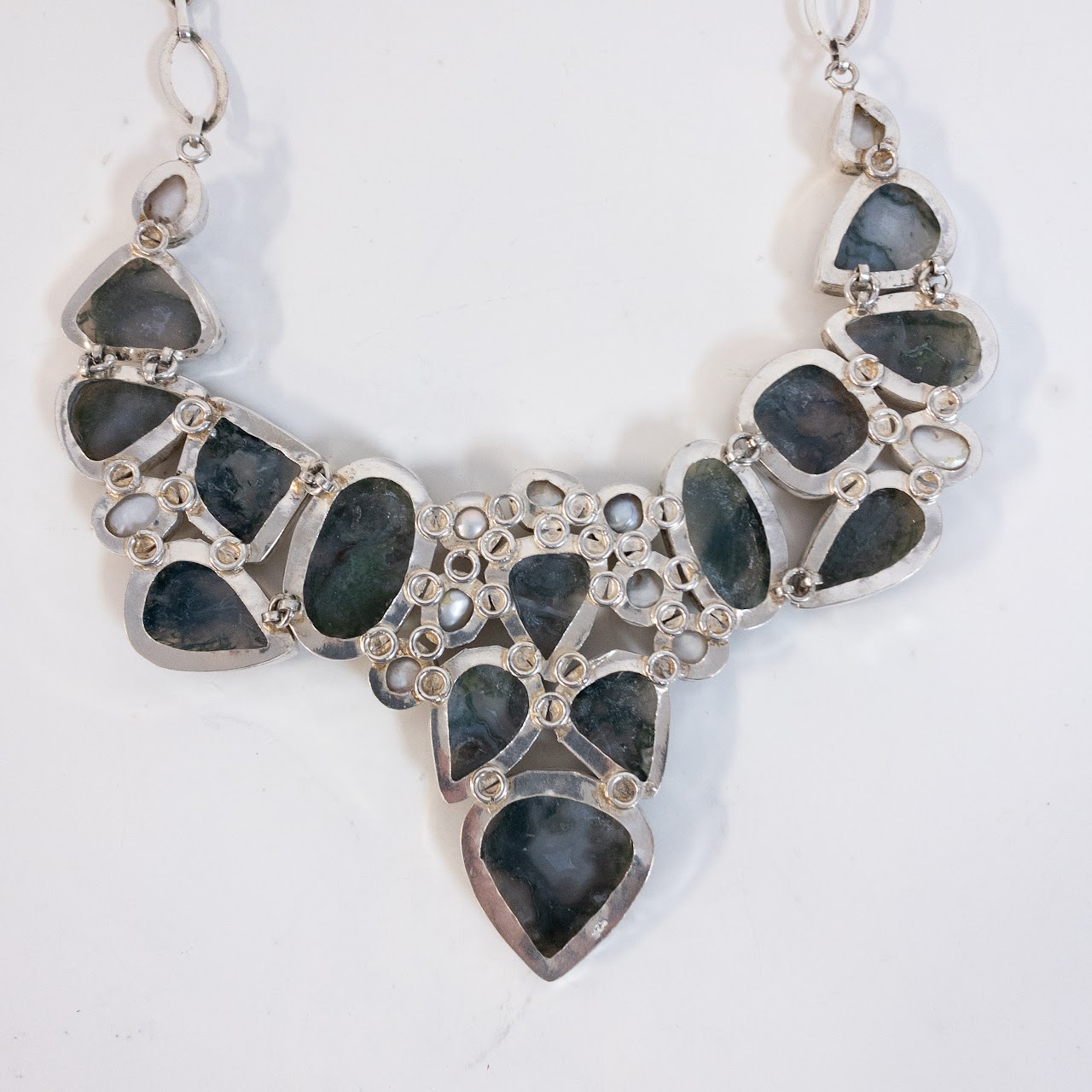 Sterling Silver Moss Agate and Pearl Collar Necklace