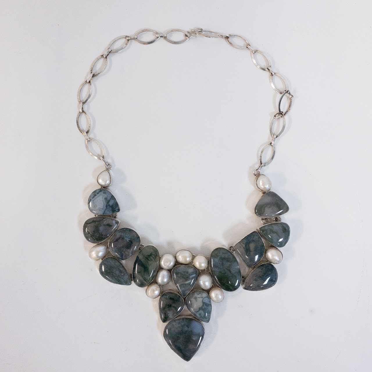 Sterling Silver Moss Agate and Pearl Collar Necklace