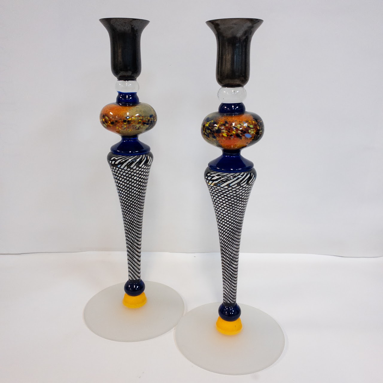 Ioan Nemtoi Signed Sculptural Blown Glass Candlestick Pair