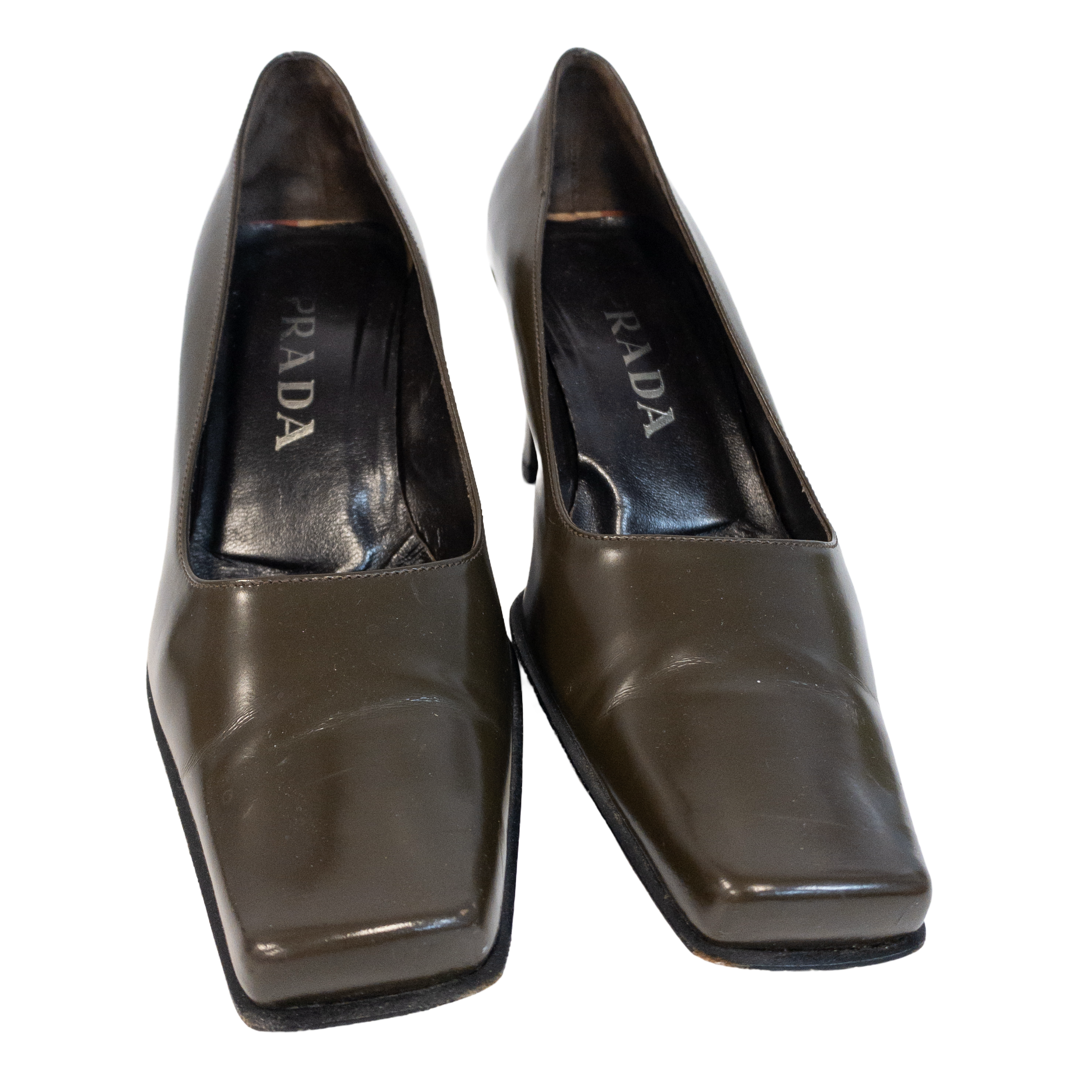 Prada Dark Olive Polished Leather Pumps