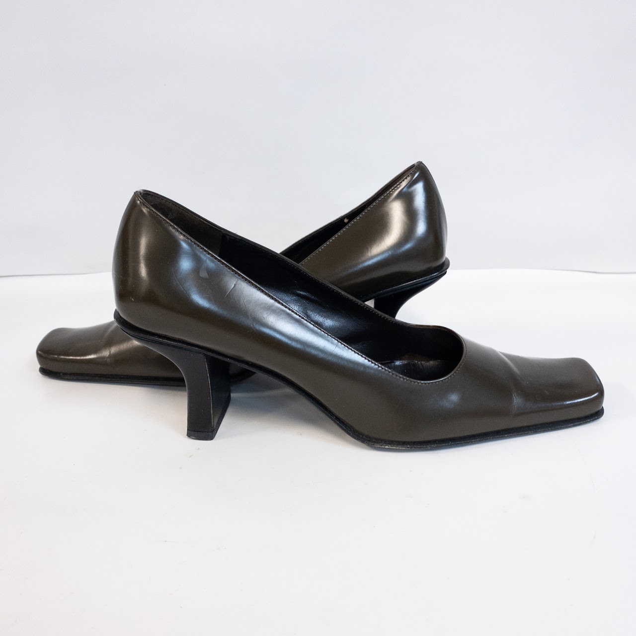 Prada Dark Olive Polished Leather Pumps