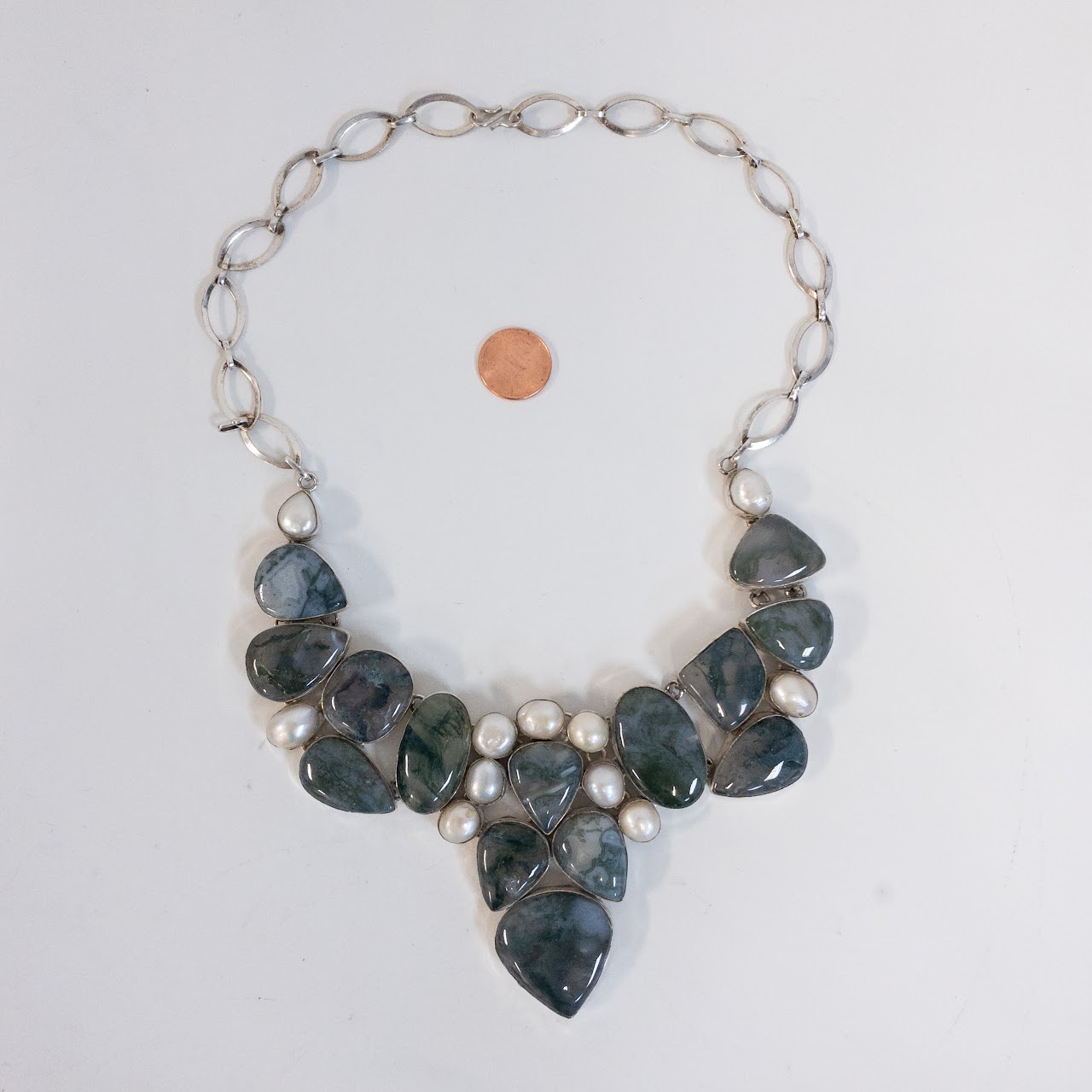 Sterling Silver Moss Agate and Pearl Collar Necklace