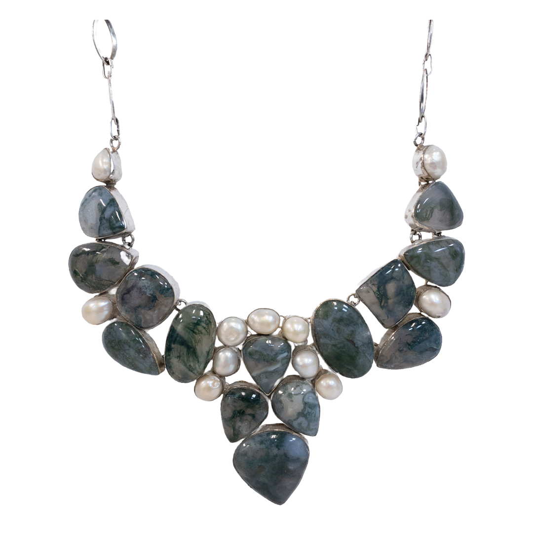 Sterling Silver Moss Agate and Pearl Collar Necklace