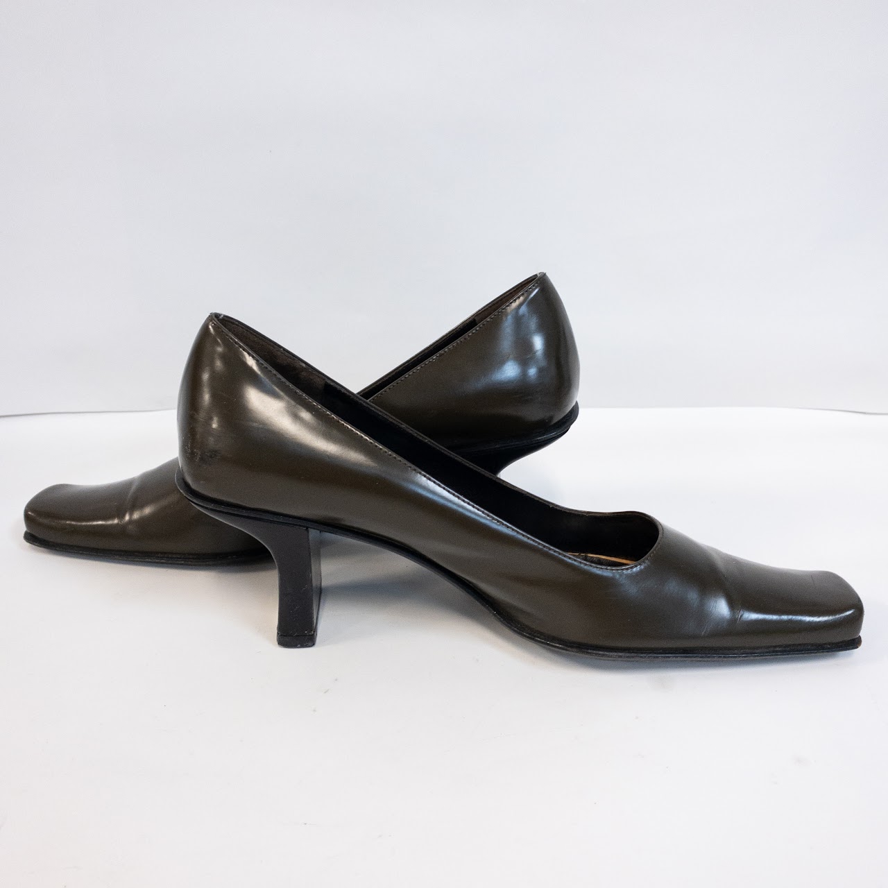 Prada Dark Olive Polished Leather Pumps