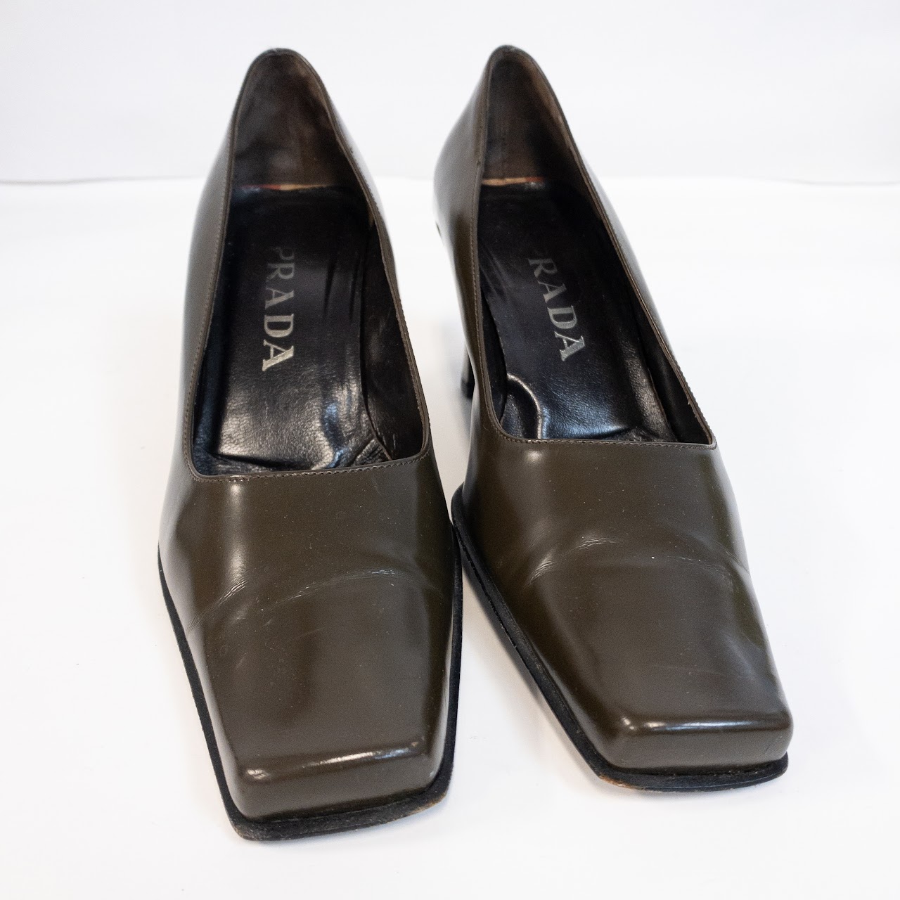 Prada Dark Olive Polished Leather Pumps