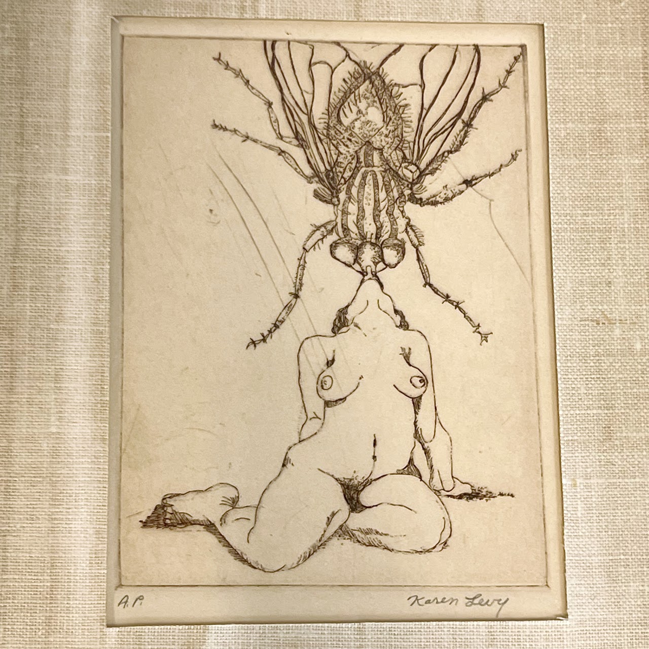 Karen Levy Signed Figure with Insect Surrealist Etching