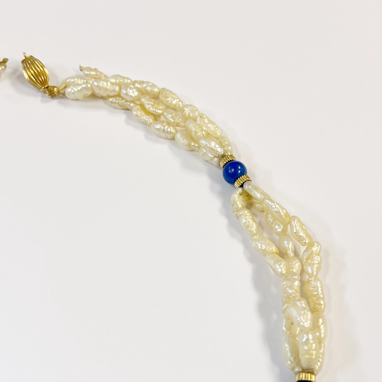 14K Gold with Seed Pearl and Blue Stone Necklace Needs Repair