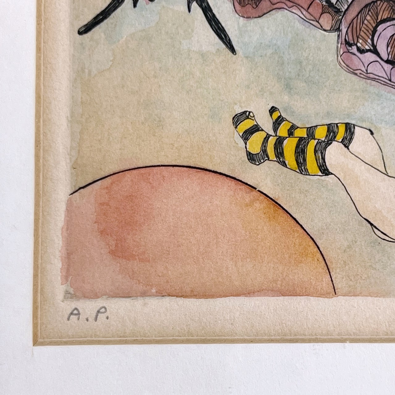 Karen Levy Signed Figure with Moths Surrealist Hand-Colored Etching