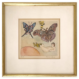 Karen Levy Signed Figure with Moths Surrealist Hand-Colored Etching