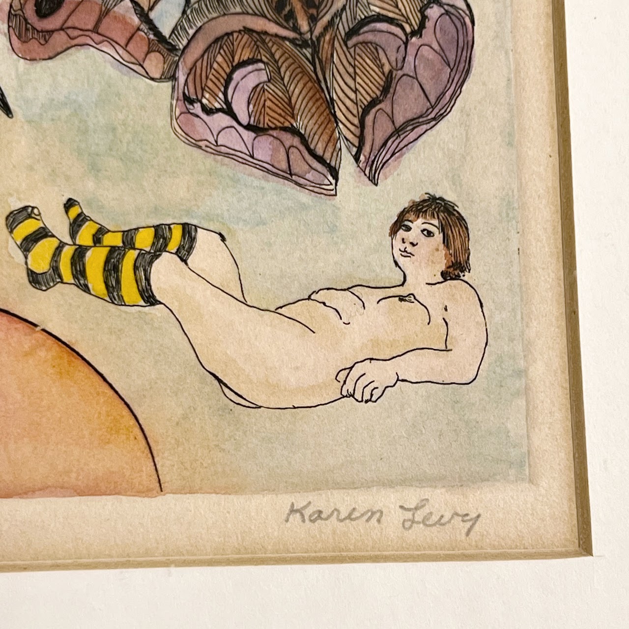 Karen Levy Signed Figure with Moths Surrealist Hand-Colored Etching