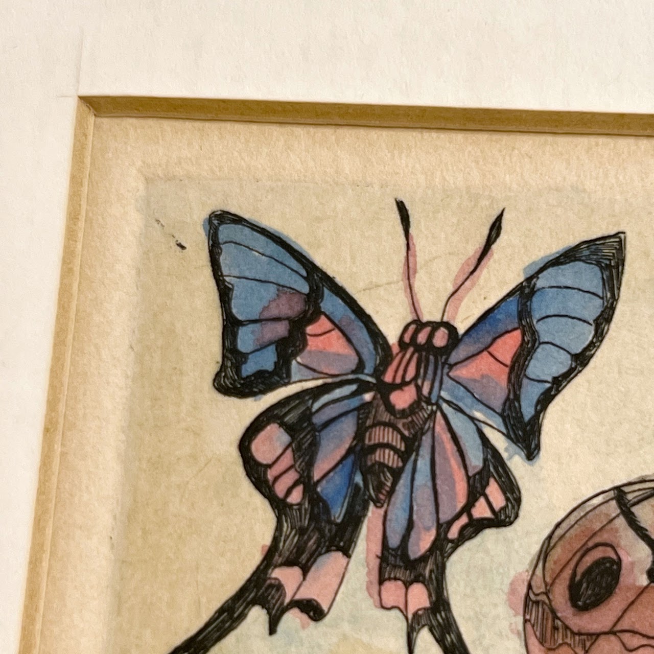 Karen Levy Signed Figure with Moths Surrealist Hand-Colored Etching