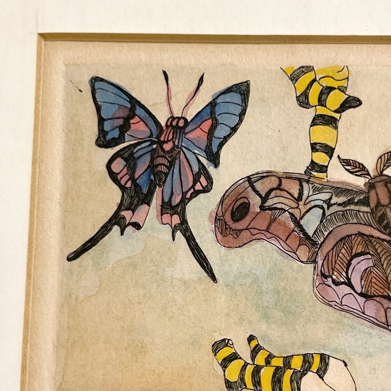 Karen Levy Signed Figure with Moths Surrealist Hand-Colored Etching