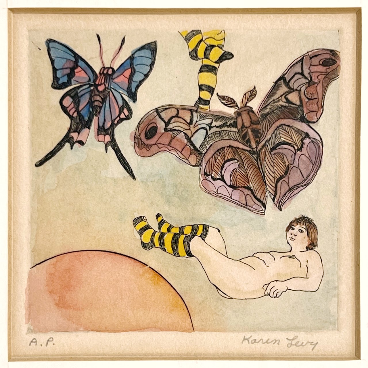 Karen Levy Signed Figure with Moths Surrealist Hand-Colored Etching