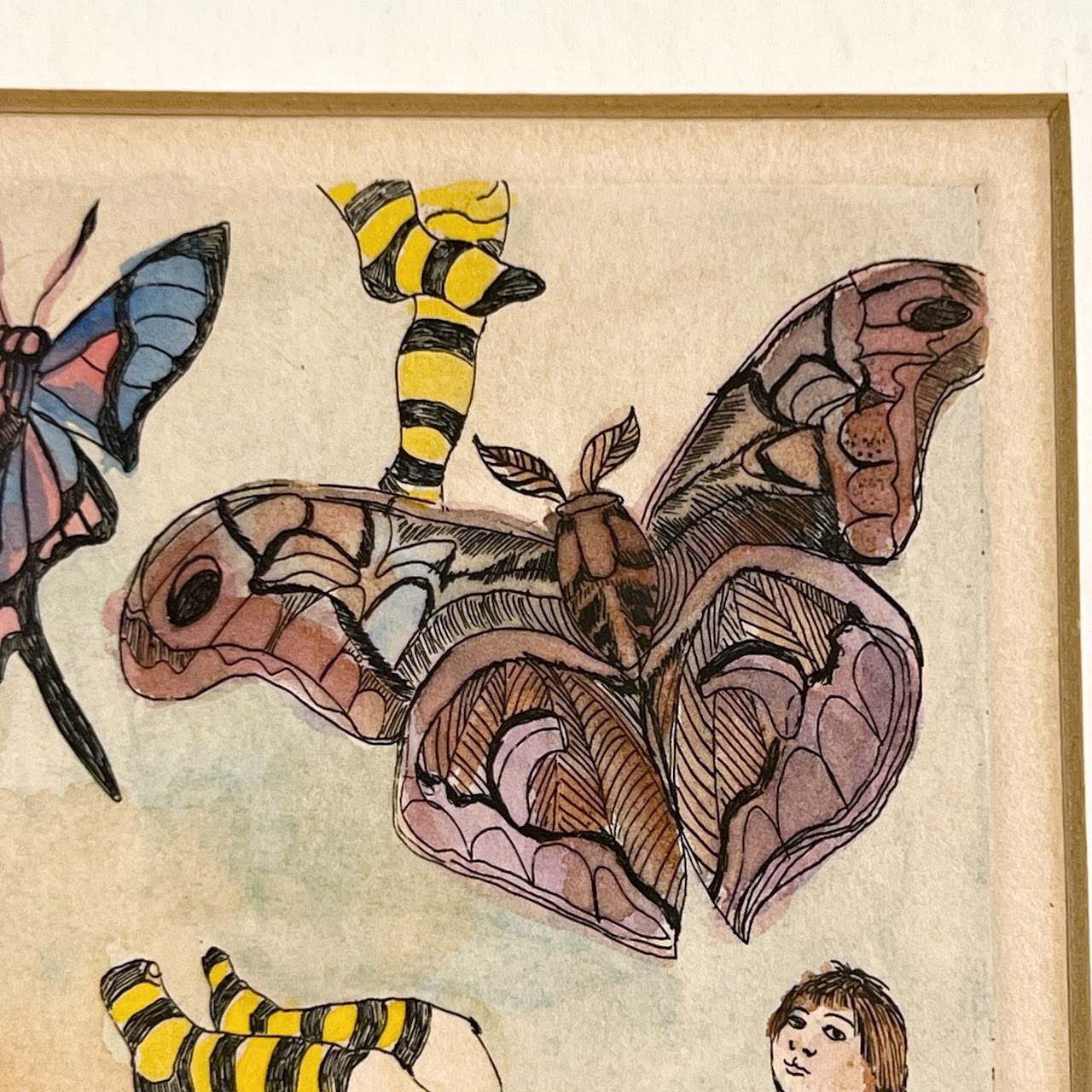 Karen Levy Signed Figure with Moths Surrealist Hand-Colored Etching